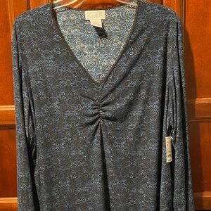 Black and Blue Patterned vintage soft material plus size long sleeve top